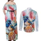 Splendid Fairy-wren Australia Couples Matching Off Shoulder Maxi Dress and Long Sleeve Button Shirt Aussie National Flowers - Watercolor Style