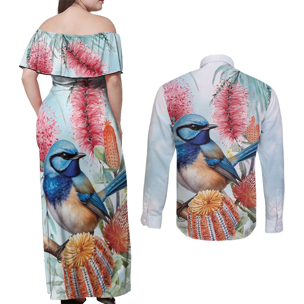 Splendid Fairy-wren Australia Couples Matching Off Shoulder Maxi Dress and Long Sleeve Button Shirt Aussie National Flowers - Watercolor Style