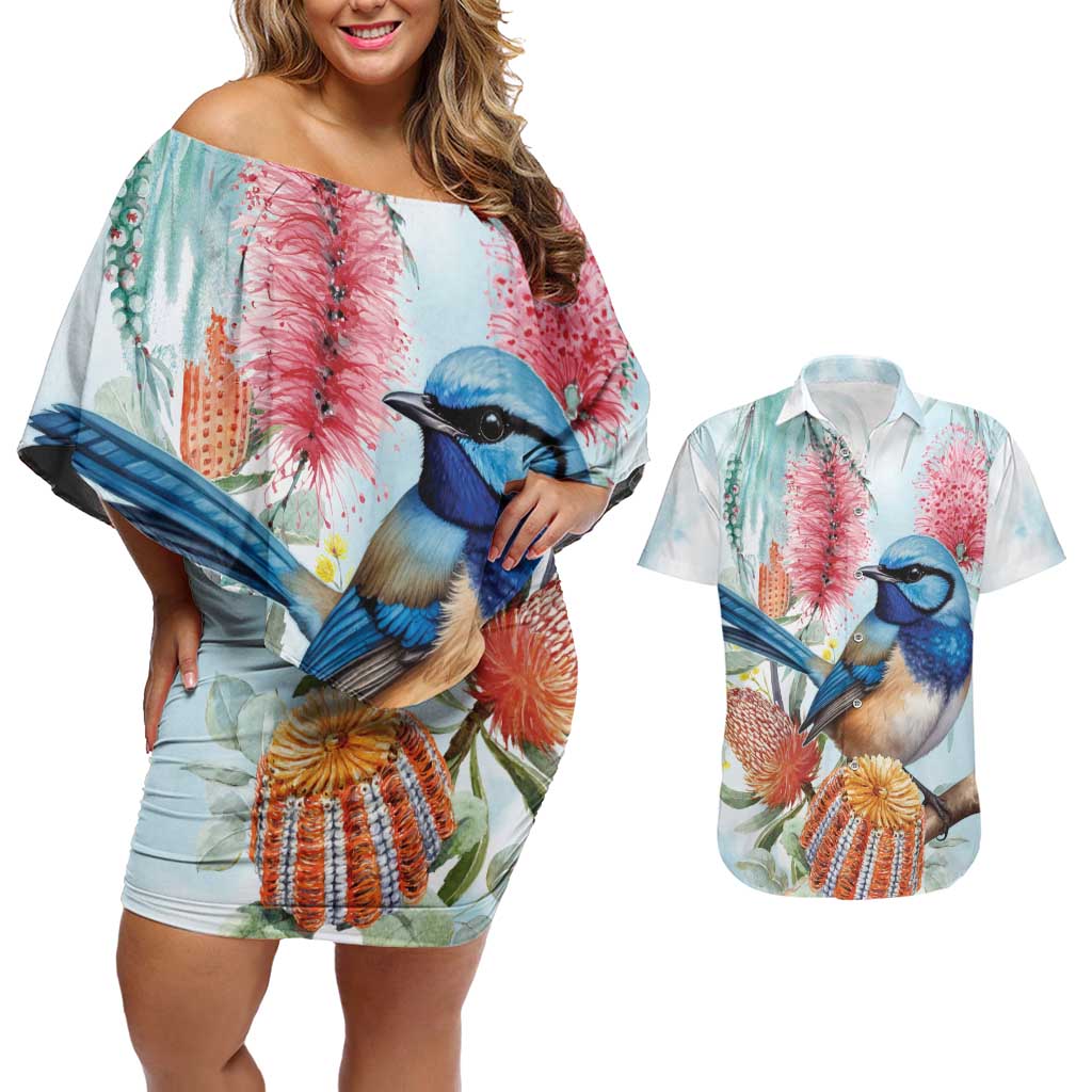 Splendid Fairy-wren Australia Couples Matching Off Shoulder Short Dress and Hawaiian Shirt Aussie National Flowers - Watercolor Style