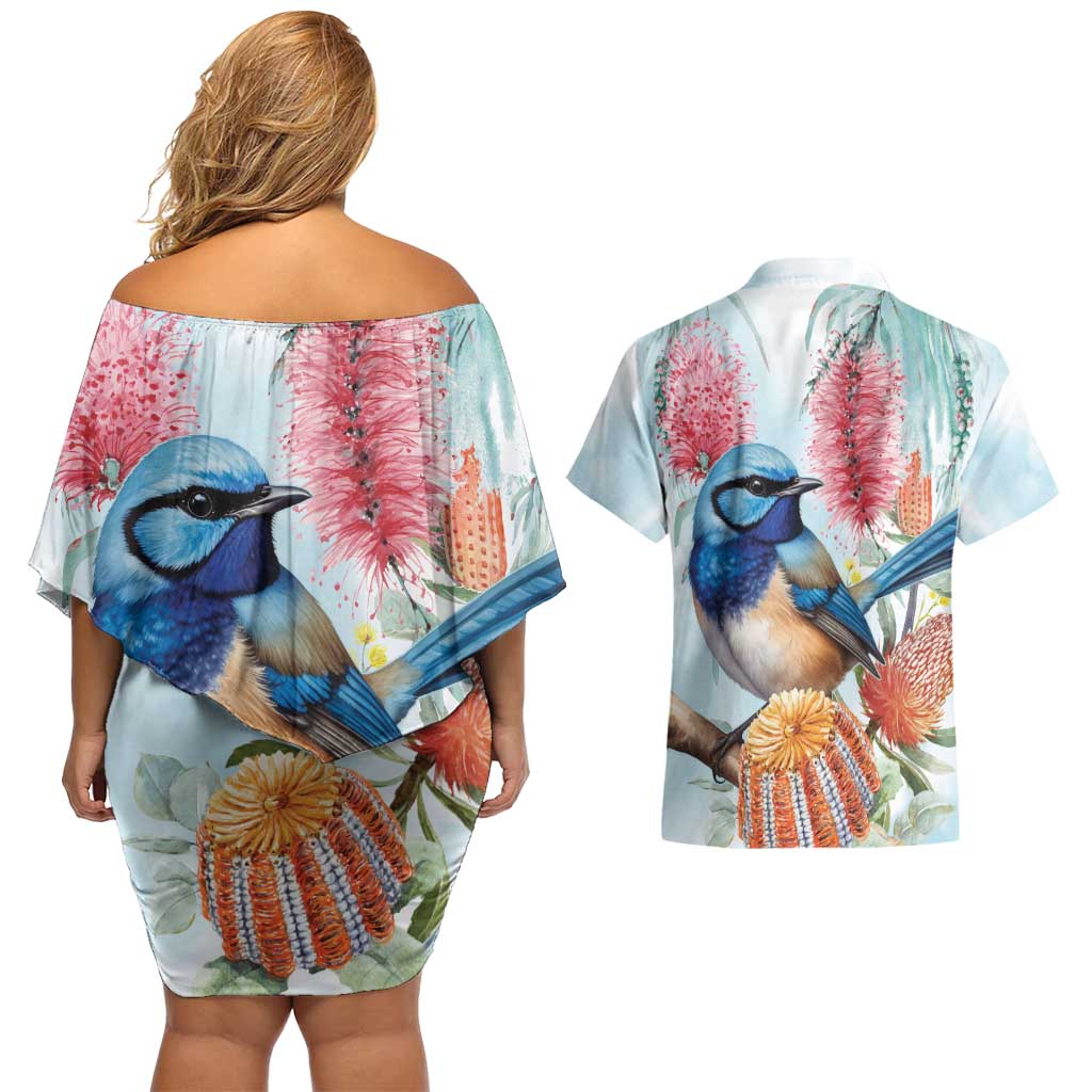 Splendid Fairy-wren Australia Couples Matching Off Shoulder Short Dress and Hawaiian Shirt Aussie National Flowers - Watercolor Style