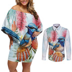 Splendid Fairy-wren Australia Couples Matching Off Shoulder Short Dress and Long Sleeve Button Shirt Aussie National Flowers - Watercolor Style