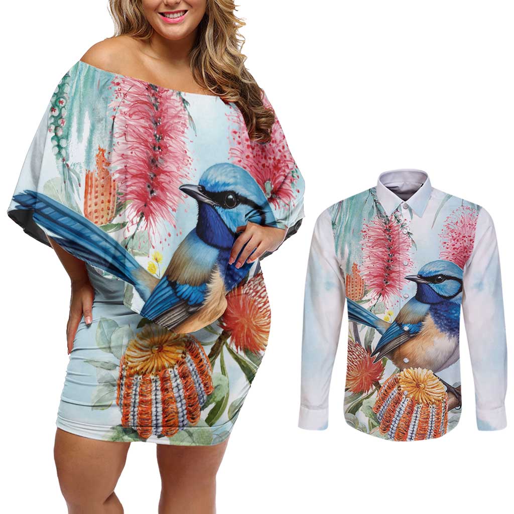 Splendid Fairy-wren Australia Couples Matching Off Shoulder Short Dress and Long Sleeve Button Shirt Aussie National Flowers - Watercolor Style