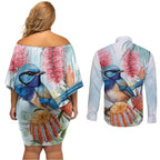 Splendid Fairy-wren Australia Couples Matching Off Shoulder Short Dress and Long Sleeve Button Shirt Aussie National Flowers - Watercolor Style