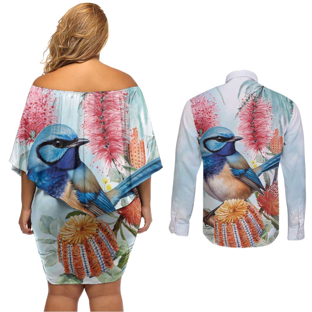 Splendid Fairy-wren Australia Couples Matching Off Shoulder Short Dress and Long Sleeve Button Shirt Aussie National Flowers - Watercolor Style
