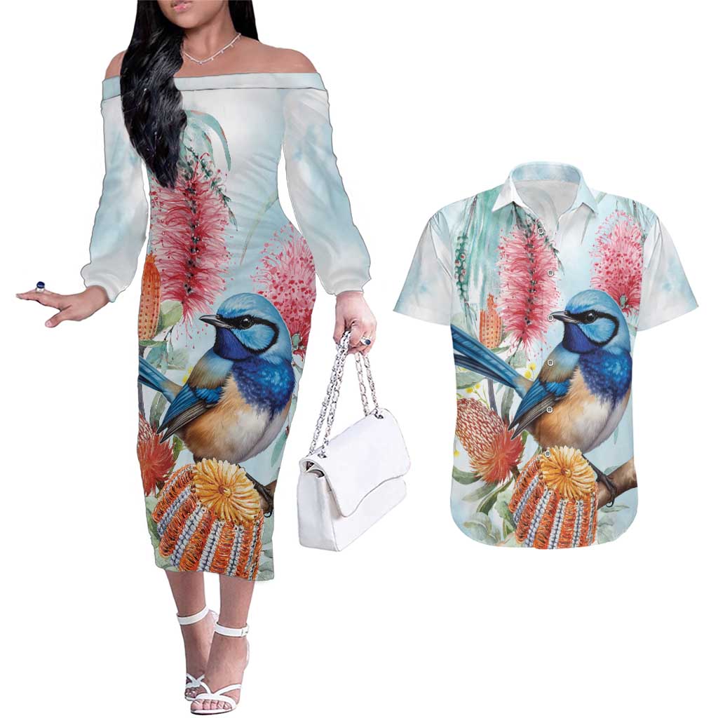 Splendid Fairy-wren Australia Couples Matching Off The Shoulder Long Sleeve Dress and Hawaiian Shirt Aussie National Flowers - Watercolor Style