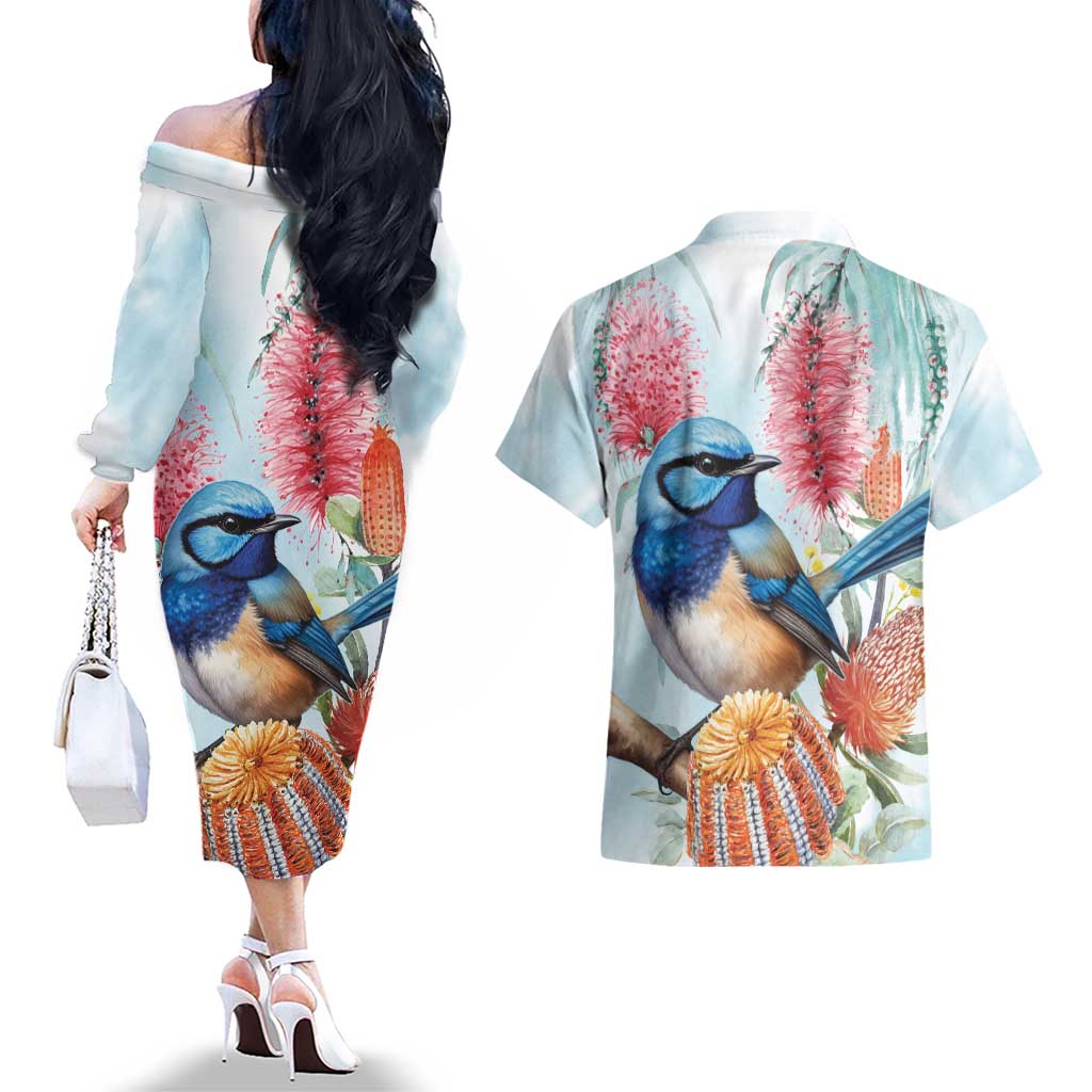 Splendid Fairy-wren Australia Couples Matching Off The Shoulder Long Sleeve Dress and Hawaiian Shirt Aussie National Flowers - Watercolor Style