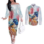 Splendid Fairy-wren Australia Couples Matching Off The Shoulder Long Sleeve Dress and Long Sleeve Button Shirt Aussie National Flowers - Watercolor Style