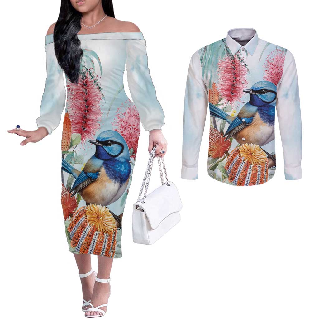 Splendid Fairy-wren Australia Couples Matching Off The Shoulder Long Sleeve Dress and Long Sleeve Button Shirt Aussie National Flowers - Watercolor Style
