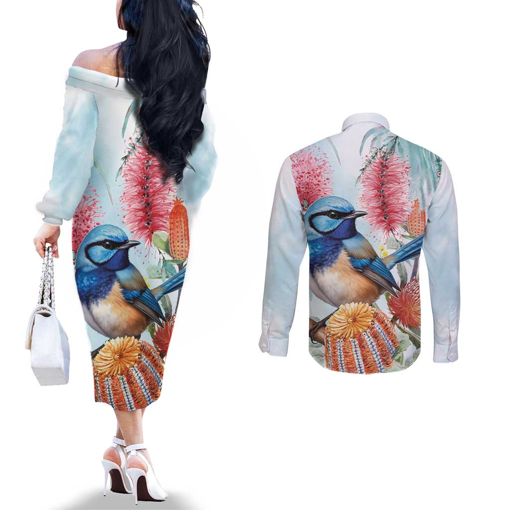 Splendid Fairy-wren Australia Couples Matching Off The Shoulder Long Sleeve Dress and Long Sleeve Button Shirt Aussie National Flowers - Watercolor Style