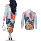 Splendid Fairy-wren Australia Couples Matching Off The Shoulder Long Sleeve Dress and Long Sleeve Button Shirt Aussie National Flowers - Watercolor Style