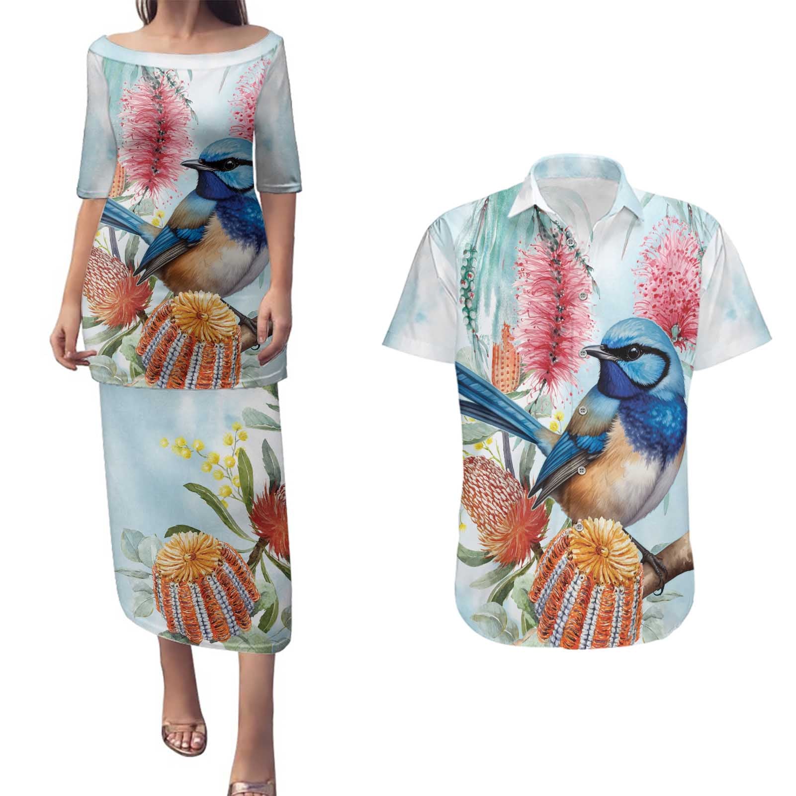 Splendid Fairy-wren Australia Couples Matching Puletasi and Hawaiian Shirt Aussie National Flowers - Watercolor Style
