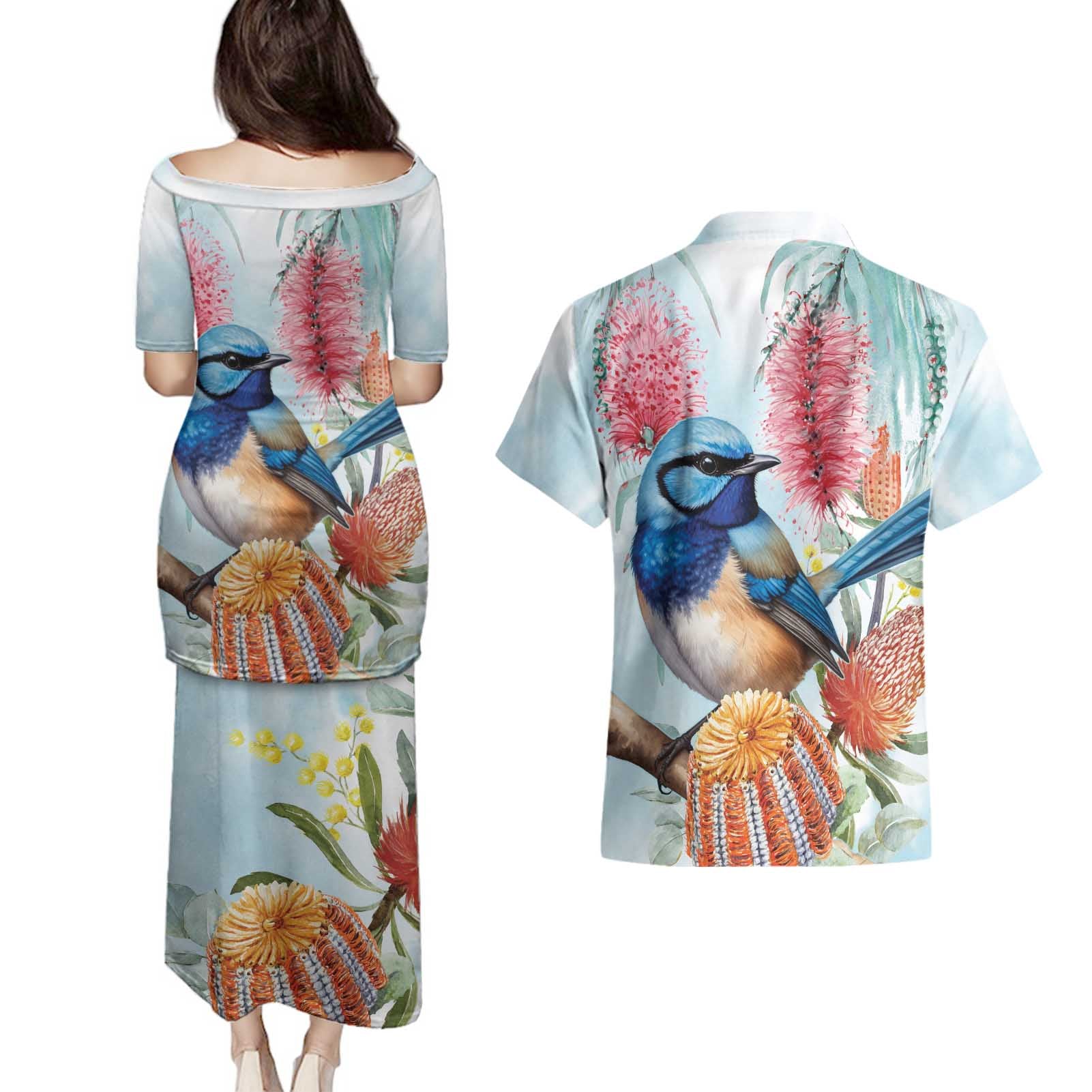 Splendid Fairy-wren Australia Couples Matching Puletasi and Hawaiian Shirt Aussie National Flowers - Watercolor Style