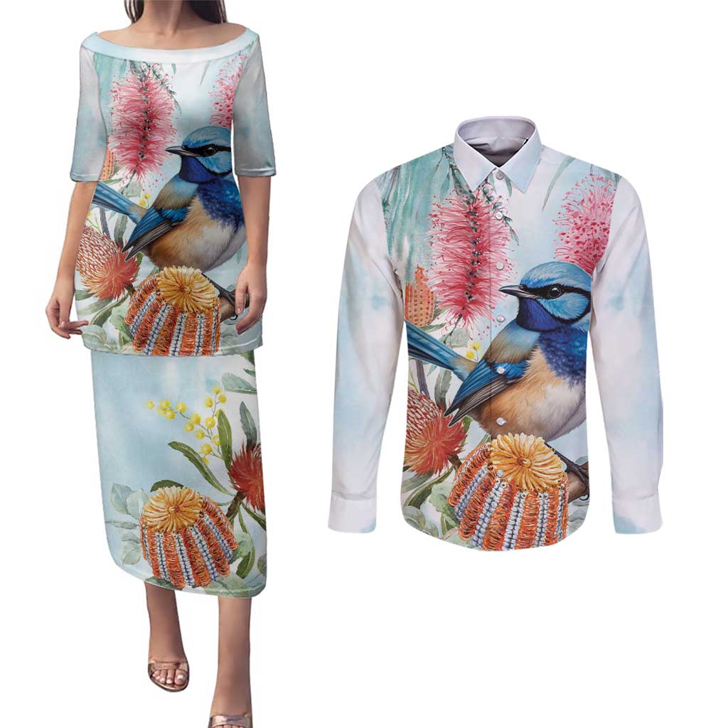 Splendid Fairy-wren Australia Couples Matching Puletasi and Long Sleeve Button Shirt Aussie National Flowers - Watercolor Style