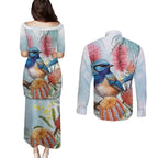 Splendid Fairy-wren Australia Couples Matching Puletasi and Long Sleeve Button Shirt Aussie National Flowers - Watercolor Style
