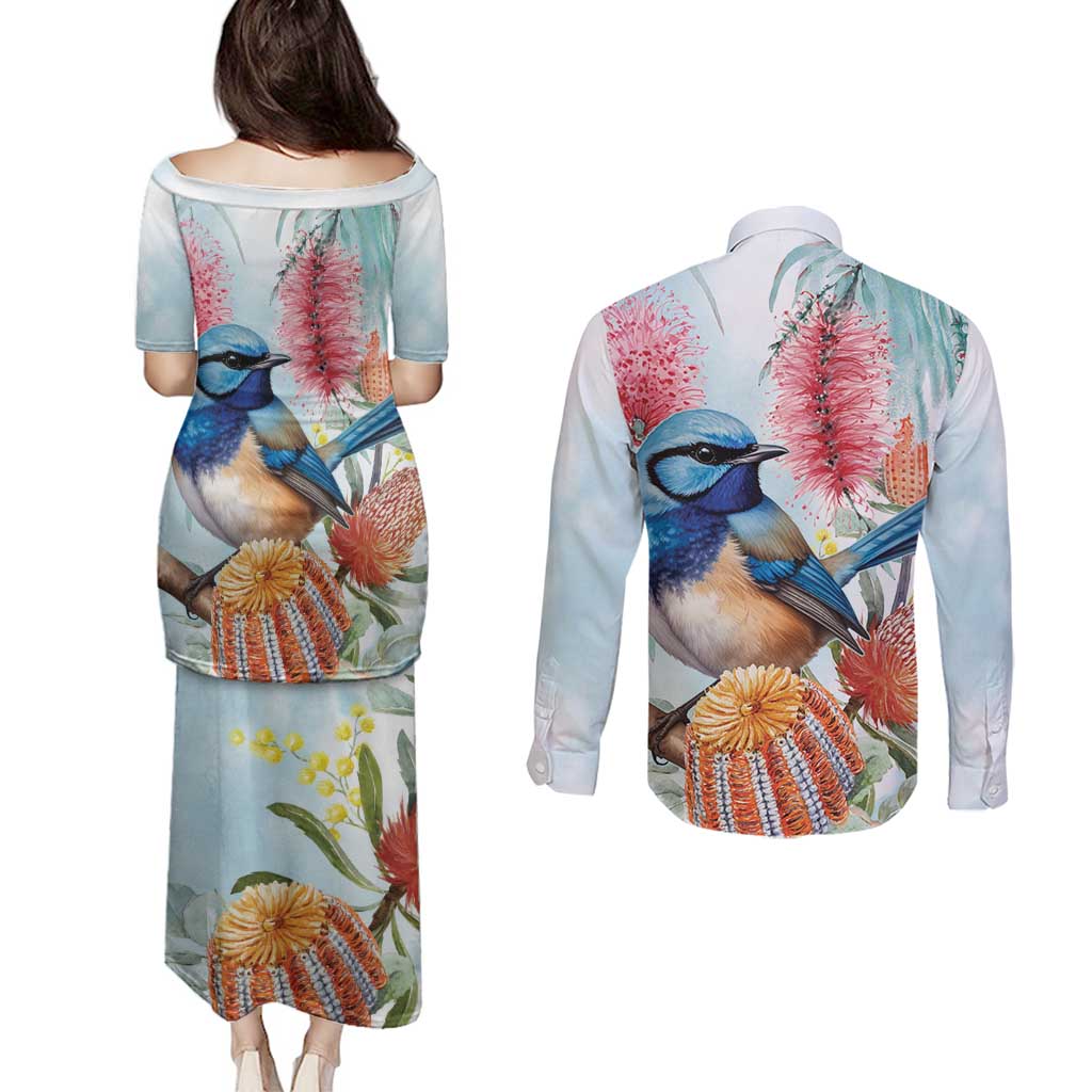 Splendid Fairy-wren Australia Couples Matching Puletasi and Long Sleeve Button Shirt Aussie National Flowers - Watercolor Style