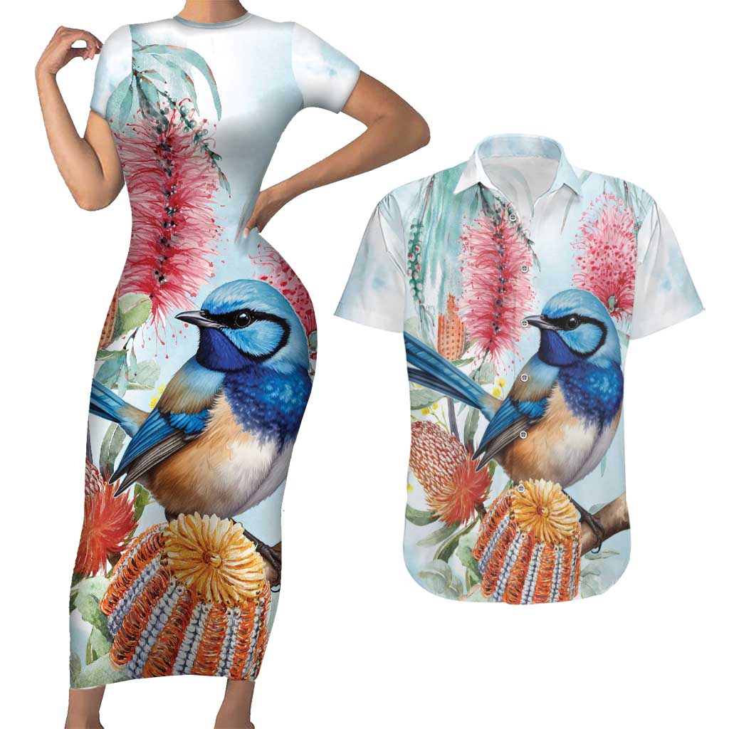 Splendid Fairy-wren Australia Couples Matching Short Sleeve Bodycon Dress and Hawaiian Shirt Aussie National Flowers - Watercolor Style
