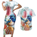 Splendid Fairy-wren Australia Couples Matching Short Sleeve Bodycon Dress and Hawaiian Shirt Aussie National Flowers - Watercolor Style