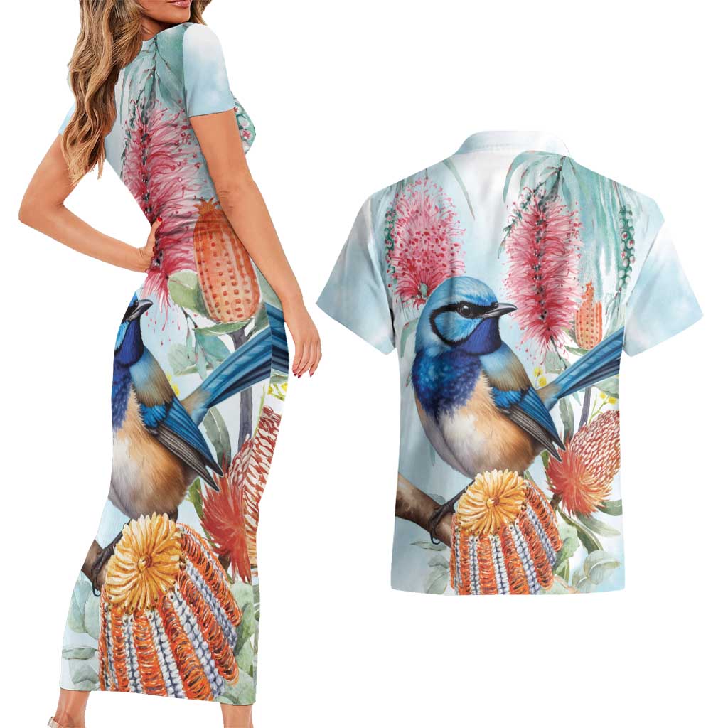 Splendid Fairy-wren Australia Couples Matching Short Sleeve Bodycon Dress and Hawaiian Shirt Aussie National Flowers - Watercolor Style