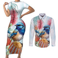 Splendid Fairy-wren Australia Couples Matching Short Sleeve Bodycon Dress and Long Sleeve Button Shirt Aussie National Flowers - Watercolor Style