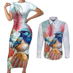 Splendid Fairy-wren Australia Couples Matching Short Sleeve Bodycon Dress and Long Sleeve Button Shirt Aussie National Flowers - Watercolor Style