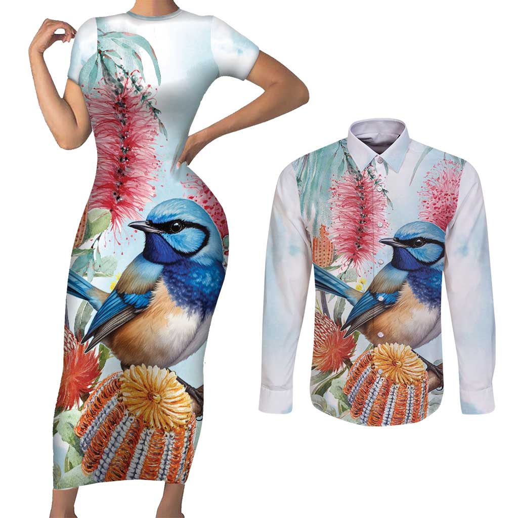 Splendid Fairy-wren Australia Couples Matching Short Sleeve Bodycon Dress and Long Sleeve Button Shirt Aussie National Flowers - Watercolor Style