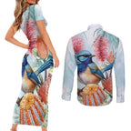 Splendid Fairy-wren Australia Couples Matching Short Sleeve Bodycon Dress and Long Sleeve Button Shirt Aussie National Flowers - Watercolor Style