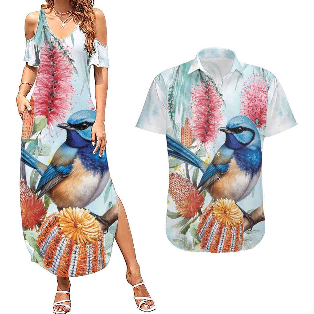 Splendid Fairy-wren Australia Couples Matching Summer Maxi Dress and Hawaiian Shirt Aussie National Flowers - Watercolor Style