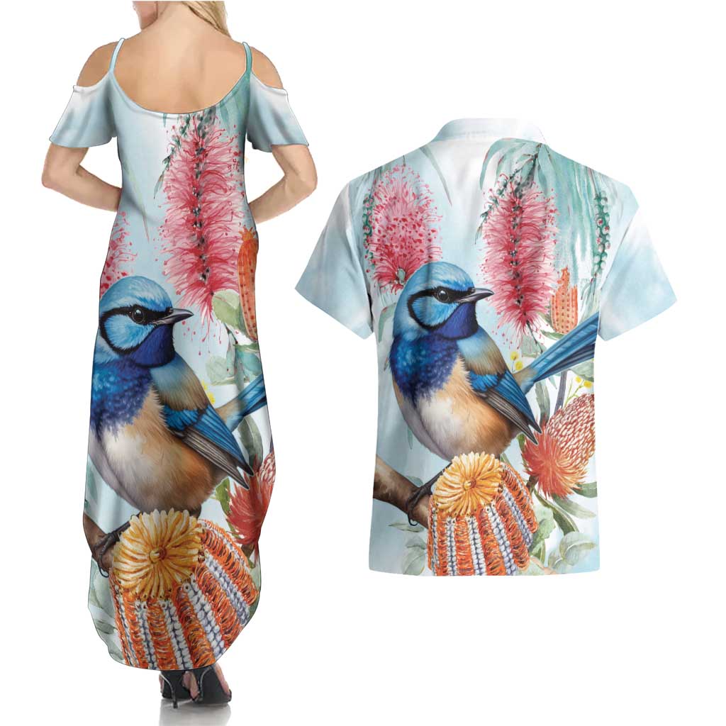 Splendid Fairy-wren Australia Couples Matching Summer Maxi Dress and Hawaiian Shirt Aussie National Flowers - Watercolor Style