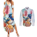 Splendid Fairy-wren Australia Couples Matching Summer Maxi Dress and Long Sleeve Button Shirt Aussie National Flowers - Watercolor Style