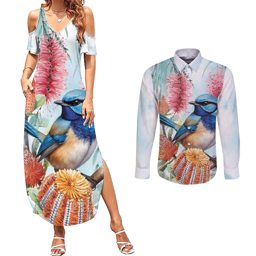 Splendid Fairy-wren Australia Couples Matching Summer Maxi Dress and Long Sleeve Button Shirt Aussie National Flowers - Watercolor Style