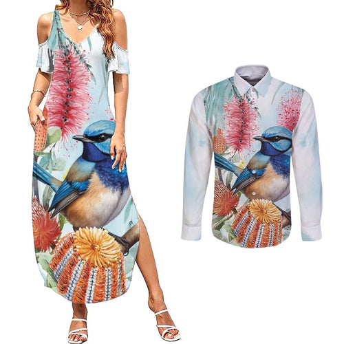 Splendid Fairy-wren Australia Couples Matching Summer Maxi Dress and Long Sleeve Button Shirt Aussie National Flowers - Watercolor Style