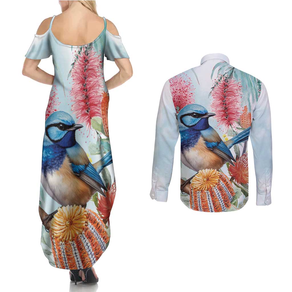 Splendid Fairy-wren Australia Couples Matching Summer Maxi Dress and Long Sleeve Button Shirt Aussie National Flowers - Watercolor Style