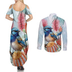 Splendid Fairy-wren Australia Couples Matching Summer Maxi Dress and Long Sleeve Button Shirt Aussie National Flowers - Watercolor Style