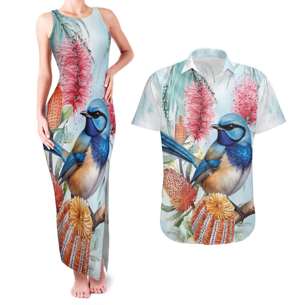 Splendid Fairy-wren Australia Couples Matching Tank Maxi Dress and Hawaiian Shirt Aussie National Flowers - Watercolor Style
