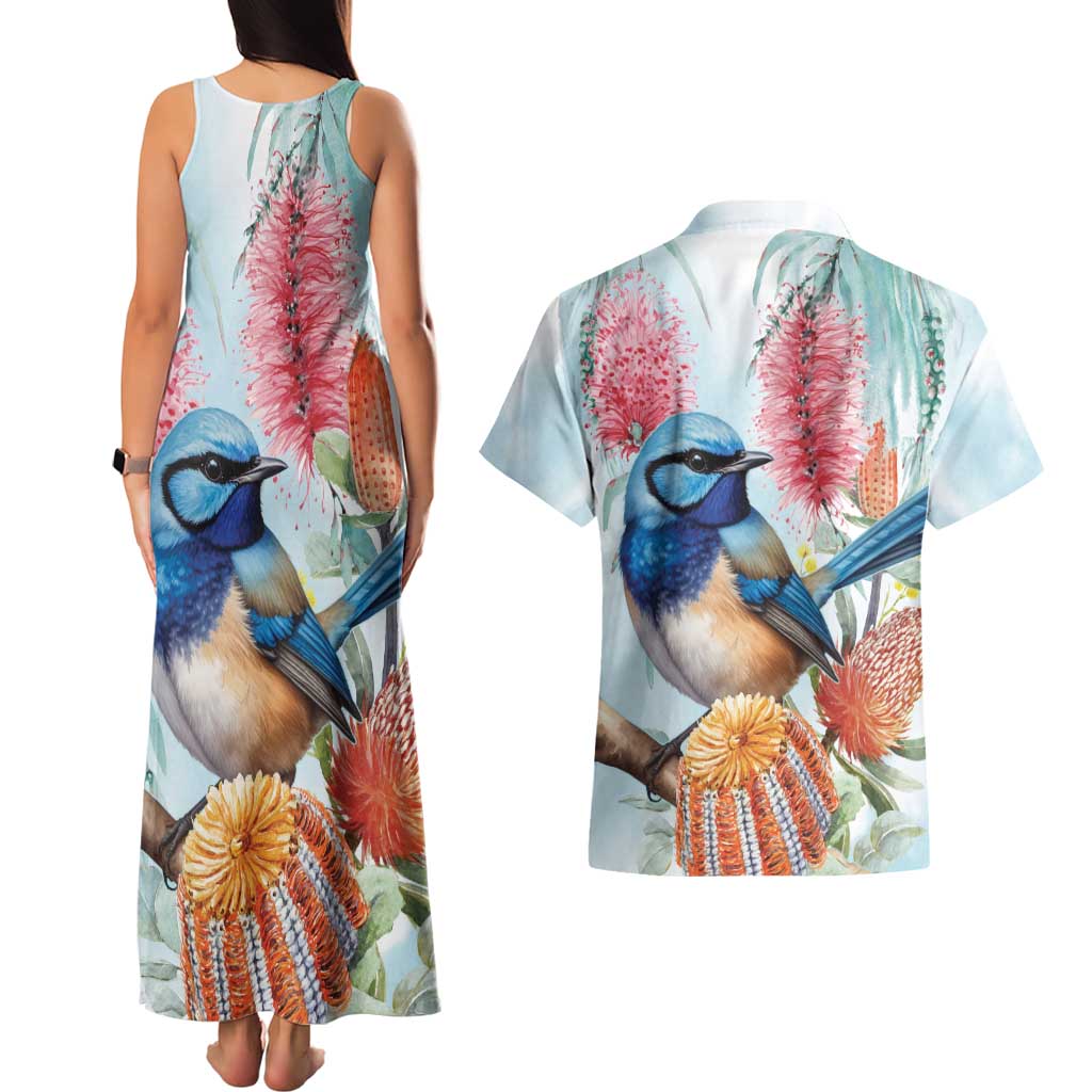 Splendid Fairy-wren Australia Couples Matching Tank Maxi Dress and Hawaiian Shirt Aussie National Flowers - Watercolor Style