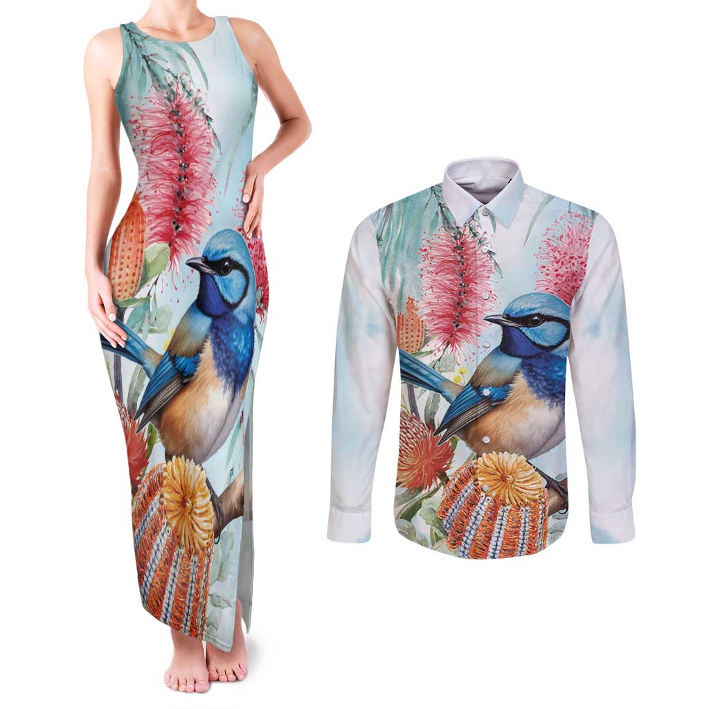 Splendid Fairy-wren Australia Couples Matching Tank Maxi Dress and Long Sleeve Button Shirt Aussie National Flowers - Watercolor Style