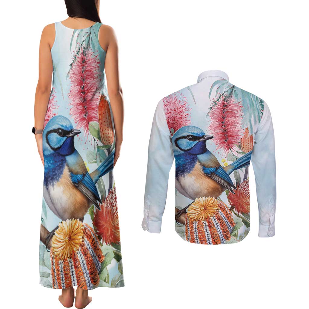 Splendid Fairy-wren Australia Couples Matching Tank Maxi Dress and Long Sleeve Button Shirt Aussie National Flowers - Watercolor Style