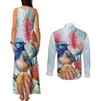 Splendid Fairy-wren Australia Couples Matching Tank Maxi Dress and Long Sleeve Button Shirt Aussie National Flowers - Watercolor Style