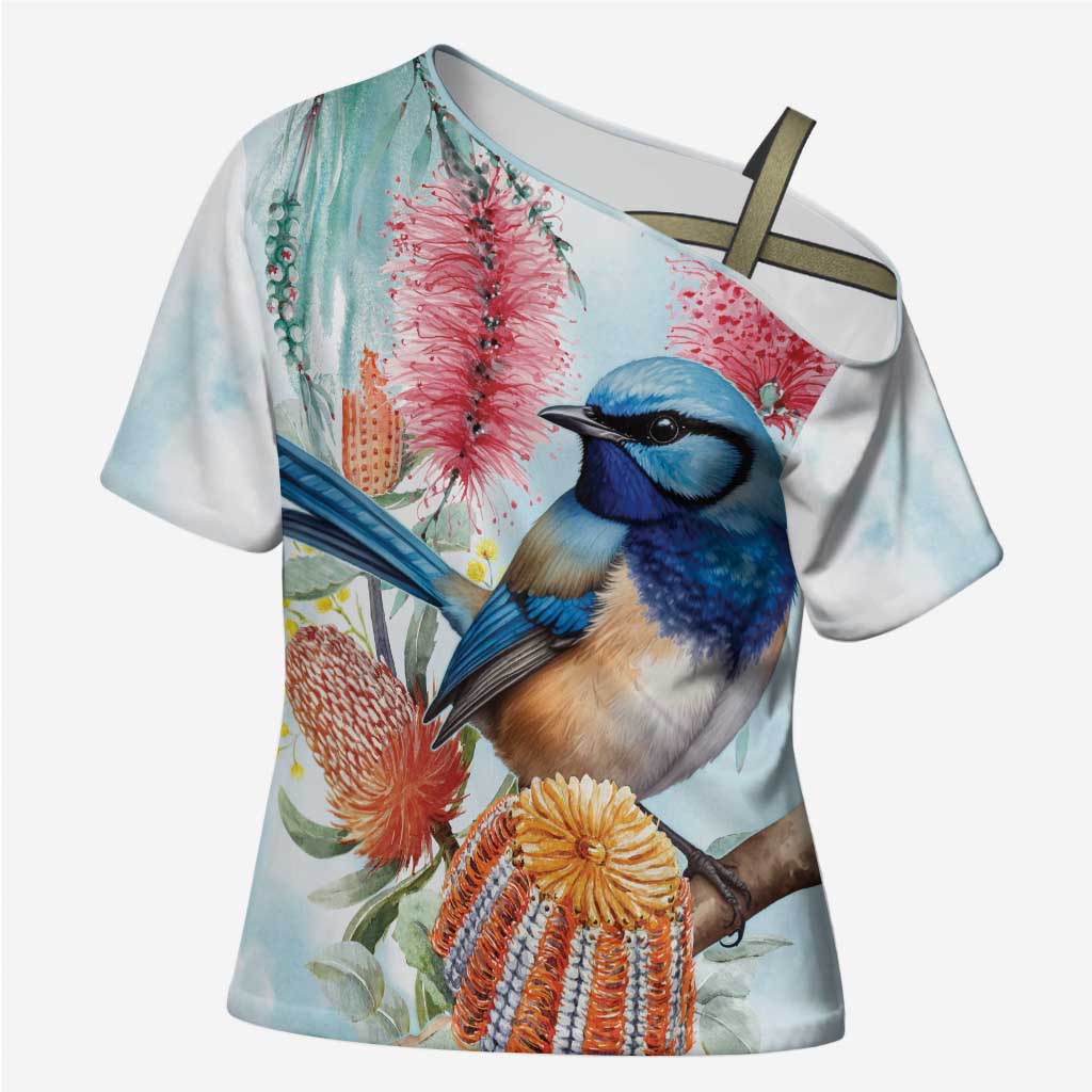 Splendid Fairy-wren Australia Cross Shoulder Shirt Aussie National Flowers - Watercolor Style - Aussie Hoodie