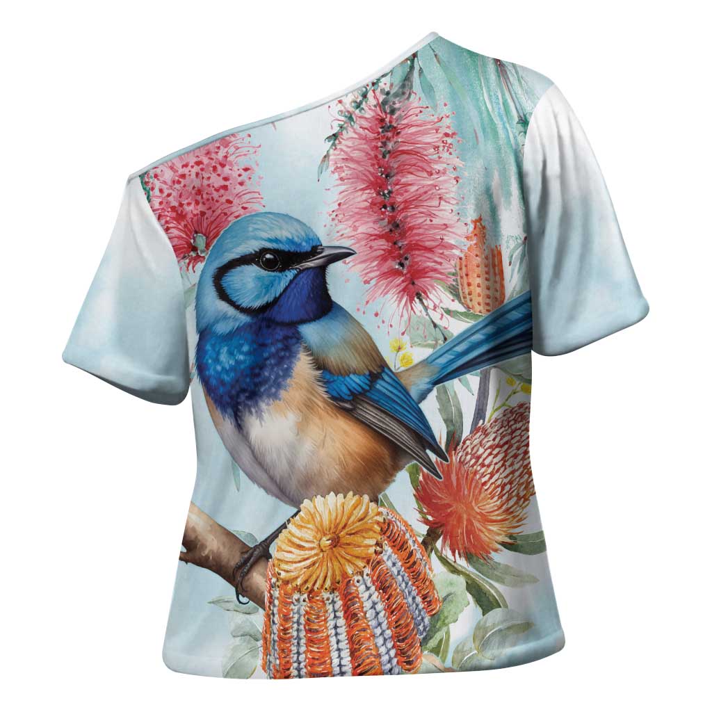 Splendid Fairy-wren Australia Cross Shoulder Shirt Aussie National Flowers - Watercolor Style - Aussie Hoodie