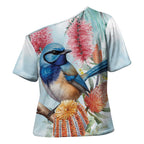 Splendid Fairy-wren Australia Cross Shoulder Shirt Aussie National Flowers - Watercolor Style - Aussie Hoodie