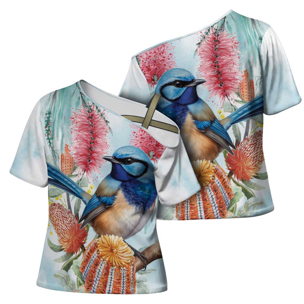 Splendid Fairy-wren Australia Cross Shoulder Shirt Aussie National Flowers - Watercolor Style - Aussie Hoodie