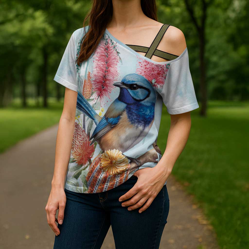 Splendid Fairy-wren Australia Cross Shoulder Shirt Aussie National Flowers - Watercolor Style - Aussie Hoodie