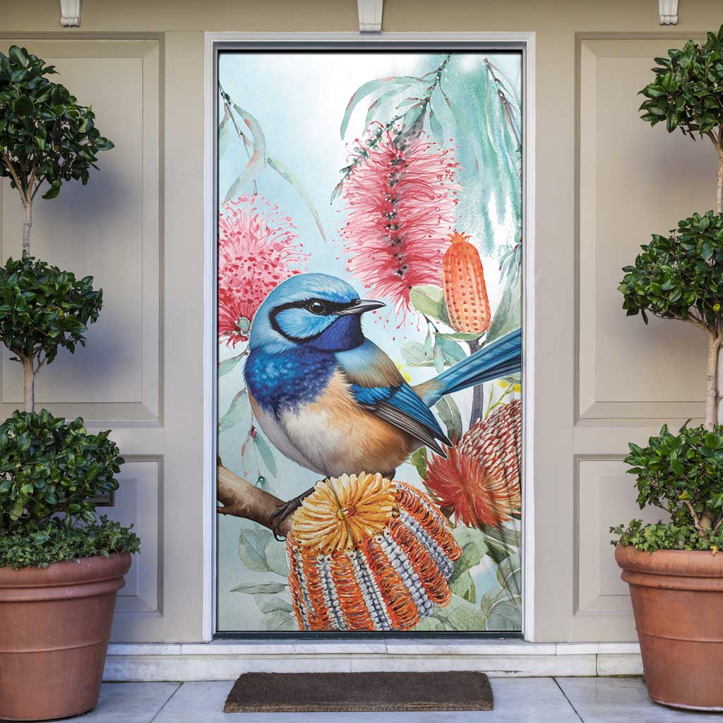 Splendid Fairy-wren Australia Door Cover Aussie National Flowers - Watercolor Style - Aussie Hoodie