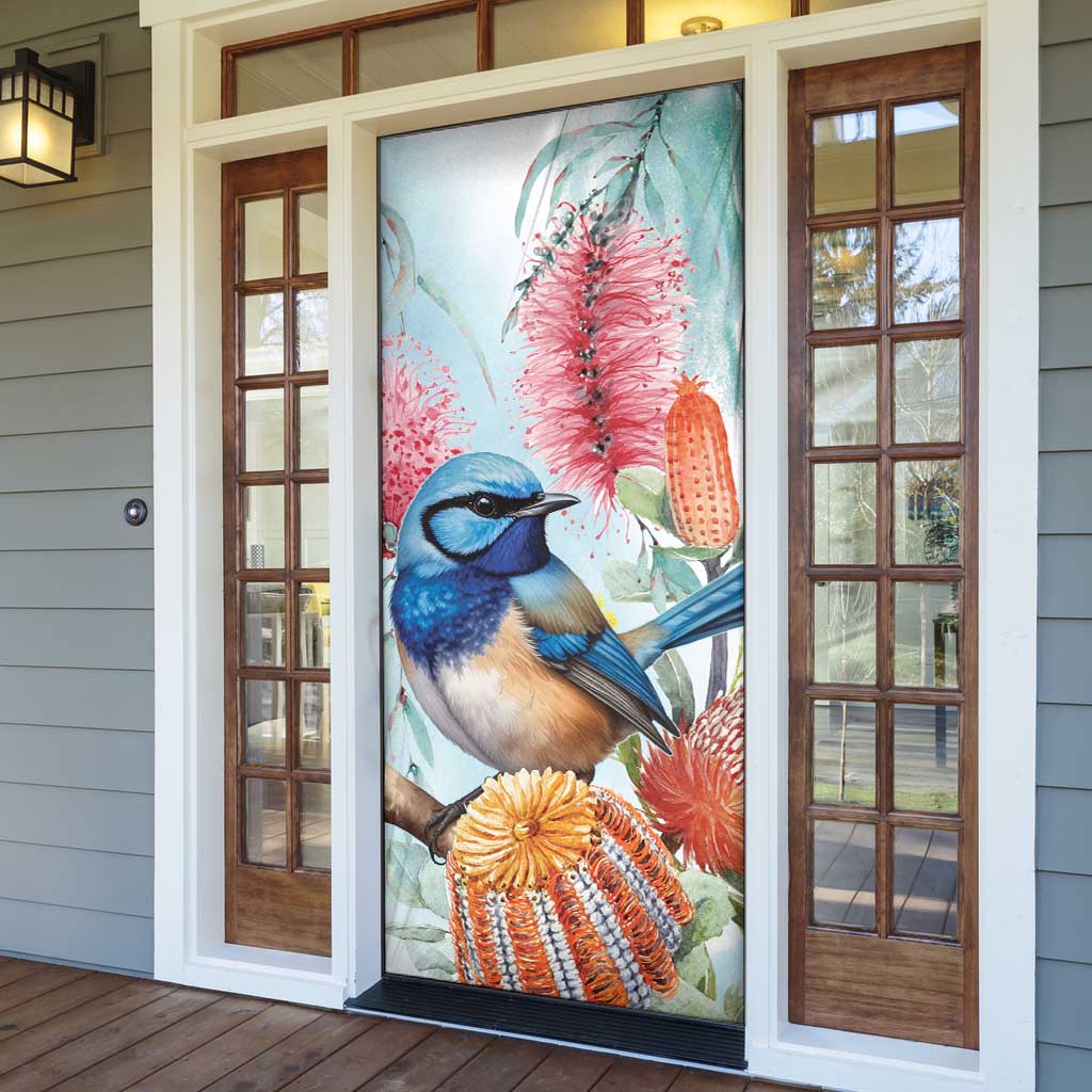Splendid Fairy-wren Australia Door Cover Aussie National Flowers - Watercolor Style - Aussie Hoodie