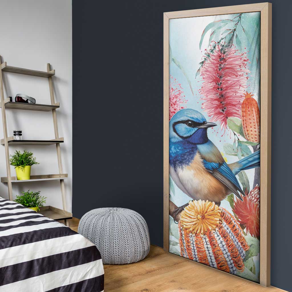 Splendid Fairy-wren Australia Door Cover Aussie National Flowers - Watercolor Style - Aussie Hoodie