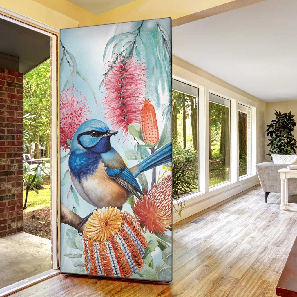 Splendid Fairy-wren Australia Door Cover Aussie National Flowers - Watercolor Style - Aussie Hoodie