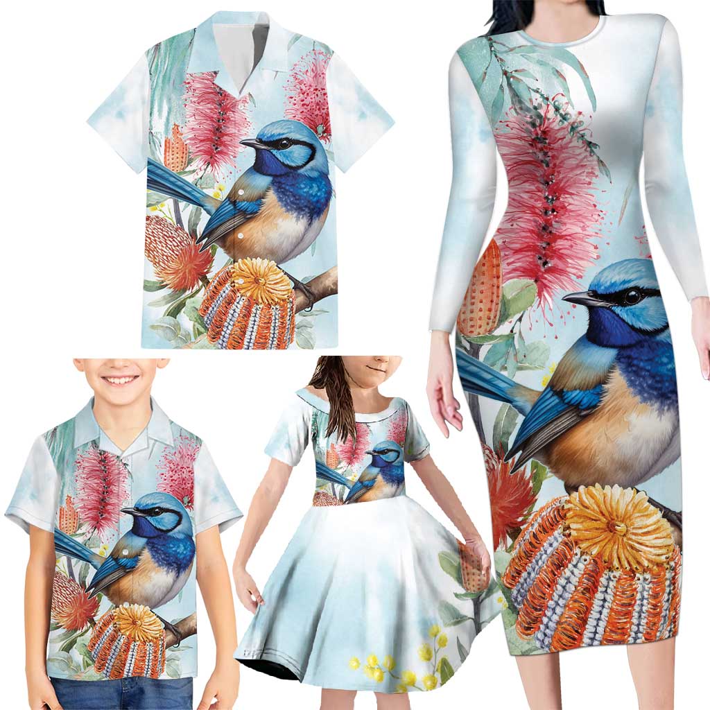 Splendid Fairy-wren Australia Family Matching Long Sleeve Bodycon Dress and Hawaiian Shirt Aussie National Flowers - Watercolor Style