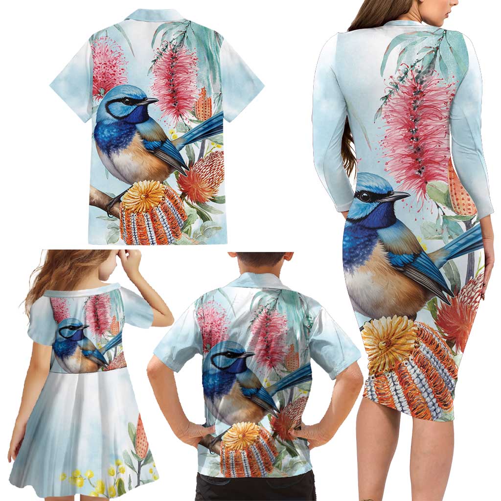 Splendid Fairy-wren Australia Family Matching Long Sleeve Bodycon Dress and Hawaiian Shirt Aussie National Flowers - Watercolor Style