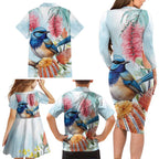 Splendid Fairy-wren Australia Family Matching Long Sleeve Bodycon Dress and Hawaiian Shirt Aussie National Flowers - Watercolor Style